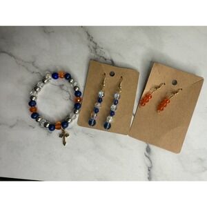 handmade beaded dangle earrings and bracelet set blue and orange tones